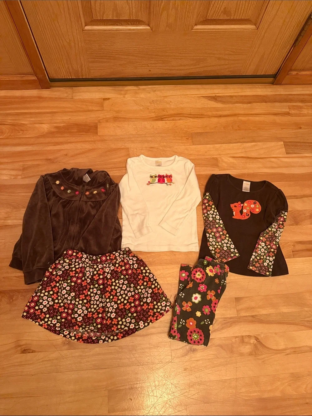 Gymboree Brown Hooded Jacket with Floral Skirt and White Tee